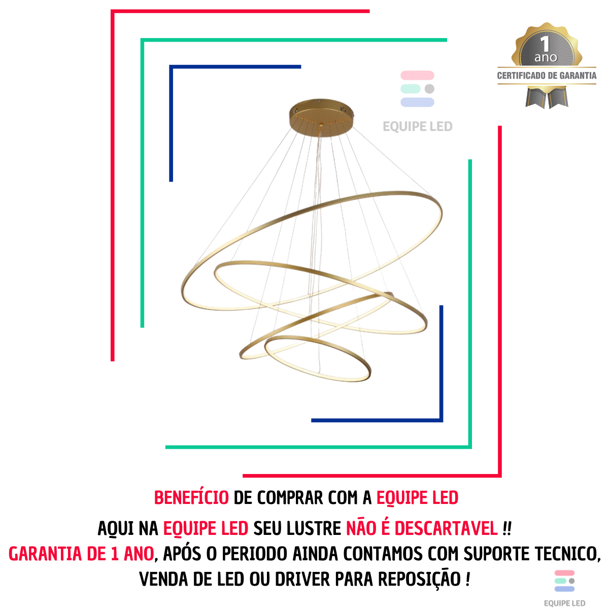 Lustre Pendente Moderno Anéis Led 4 Arcos 80cm Pe Direito Duplo Equipe Led - 3