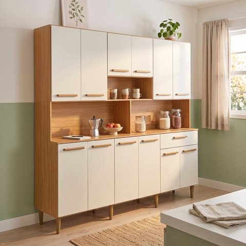 Armário de Cozinha 12 Portas 1 Gaveta com Nicho para Eletrodomésticos 180x175cm Freijó/Off White