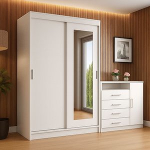 Guarda Roupa 2 Portas Correr Espelho 1,20m Roupeiro + Cômoda = Quarto Solteiro E/ou Infantil