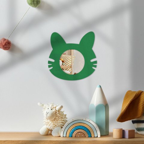 Espelho Infantil Cores Vibrantes Formatos Únicos Decoração Quarto Criança Gato Verde 25x25cm