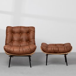 Poltrona Costela com Puff Couro Natural - Caramelo - 3