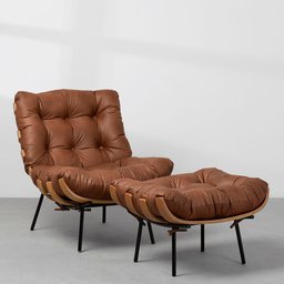 Poltrona Costela com Puff Couro Natural - Caramelo - 1