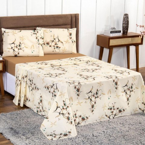 Jogo de Lençol Casal King 4 Peças 100% Algodão Floral Cáqui