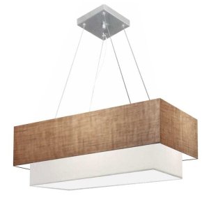 Lustre Pendente Duplo Retangular Vivare Md-4138 Cúpula em Tecido 70x30cm x 60x25cm - Palha / Branco