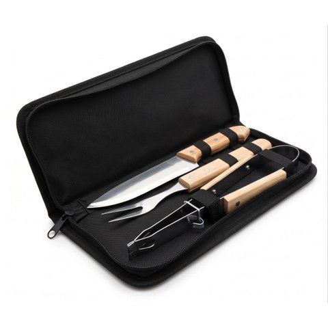 Kit Churrasco Estojo 3 Peças Faca Garfo Pegador Madeira