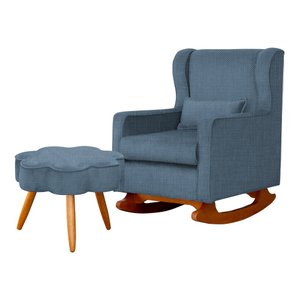 Poltrona Amamentação Com Balanço e Puff Aurora - Quarto de Bebê - Tecido Linho - Estopar Poltrona Au