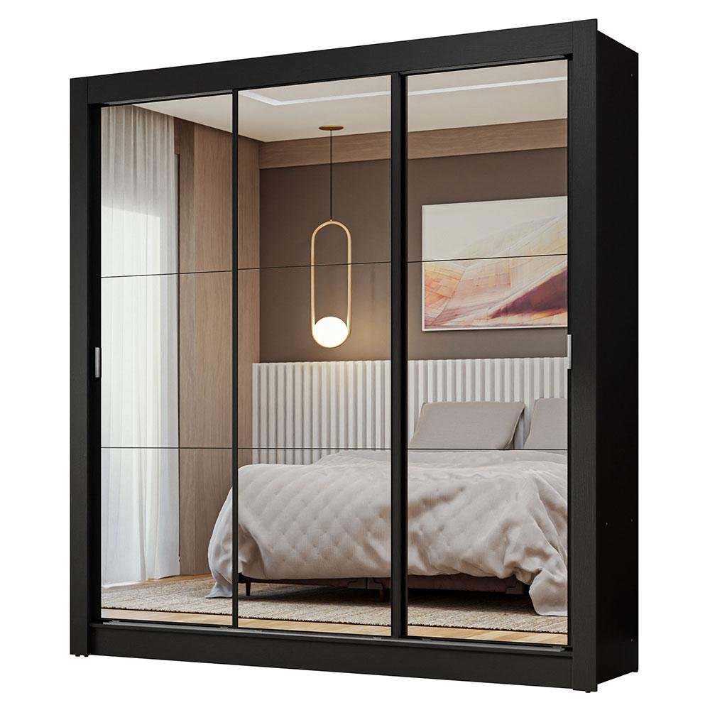 Guarda-roupa Casal 3 Portas de Correr de Espelho Preto Nobre Madesa - 2