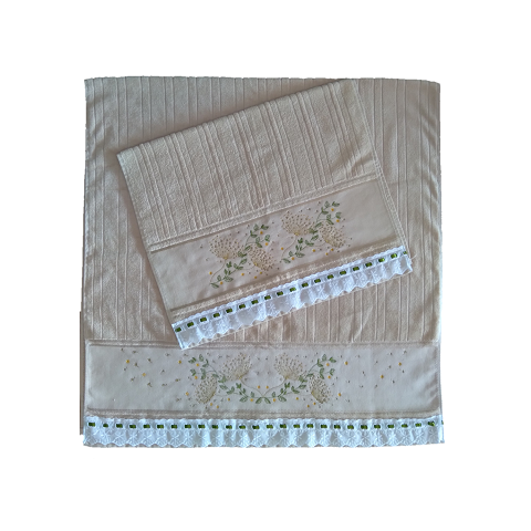 Toalhas Bordadas Banho e Rosto. Dente de Leão. Cor: Bege Dohler Artesanalle