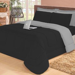 Jogo de Cama com 6 Peças Aconchego Casa Dona Dupla Face Casal Queen Preto e Cinza - 1