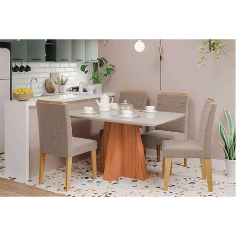 Sala de Jantar Completa Maitê Tampo Madeirado C/ Vidro 130x80cm e 4 Cadeiras Clarice Cinamomo/off