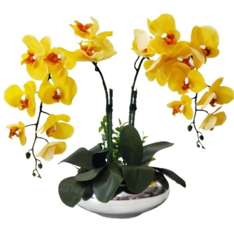 Arranjo 2 Orquídeas Amarelas Artificiais Flores Vaso Prata