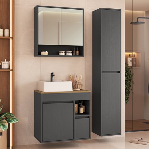 Conjunto Banheiro Modulado 88 cm com 3 Peças Gabinete Suspenso com Cuba Bahamas Yescasa Grafite