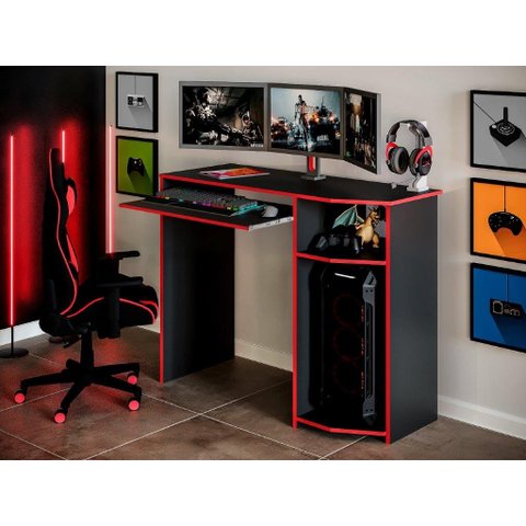 Mesa / Escrivaninha Game com Apoio para Teclado Retrátil e Nicho para Cpu Cor Preto / Vermelho Romar
