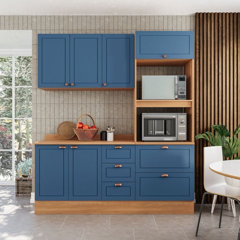 Cozinha Pérola com Rodapé e Tampo 190 cm 3 Peças Yescasa Azul/Freijó