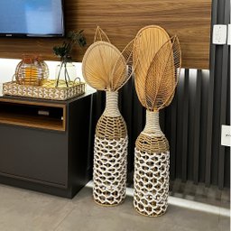 Kit Vaso Decorativo Fibra Natural Branca Garrafa Decorativa - 2