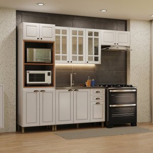 Cozinha Americana Modulada Torre Quente Aéreo de 120cm com Vidro Reflecta Balcão para Pia Sem Tampo Compacta 4 Peças Paris