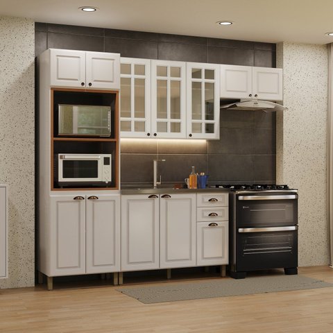 Cozinha Americana Modulada Torre Quente Aéreo de 120cm com Vidro Reflecta Compacta 4 Peças Paris
