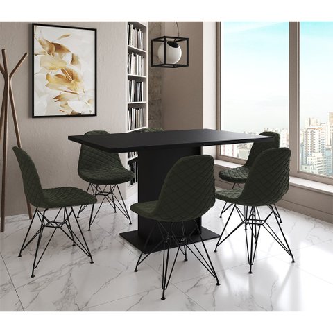 Mesa Jantar Londres Retangular Preta 137x90cm 6 Cadeiras Estofadas Verde Ferro Preto