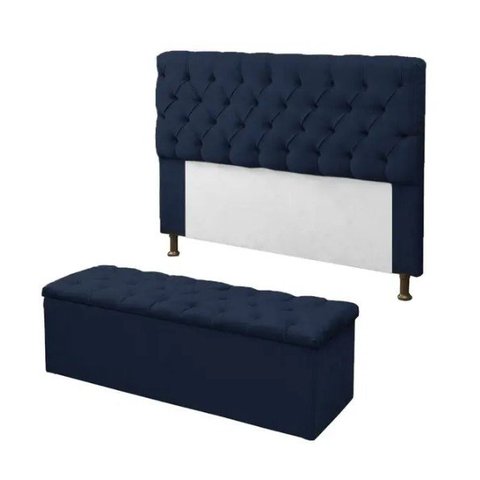 Kit Cabeceira e Calçadeira Baú Mirage King 195cm Renascer Decor:Azul Marinho