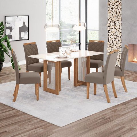 Mesa de Jantar 6 Lugares Amélia Nature/off White/marrom Amêndoa - Pnr Móveis