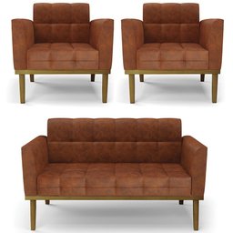 Sofá Namoradeira e 2 Poltronas Base Madeira Castanho Ana Sintético Pu Nozes - Ibiza - 1