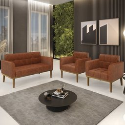 Sofá Namoradeira e 2 Poltronas Base Madeira Castanho Ana Sintético Pu Nozes - Ibiza - 2