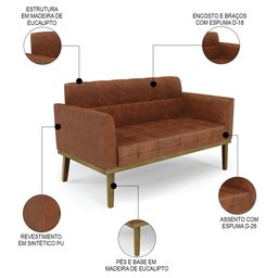 Sofá Namoradeira e 2 Poltronas Base Madeira Castanho Ana Sintético Pu Nozes - Ibiza - 3