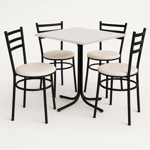 Conjunto Mesa Preta 70x70cm Tampo Branco com 4 Cadeiras Epoxi