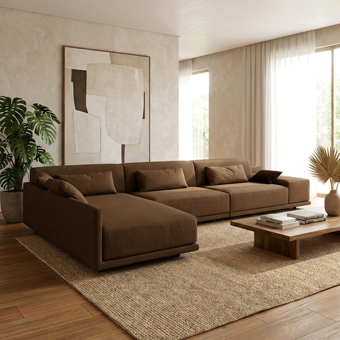 Sofá de Canto 5 Lugares com Chaise Lado Esquerdo em Sarja 336x196cm Marrom