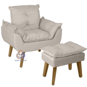 Poltrona Decorativa Opala e Puff Opala Suede Bege Smf Decor