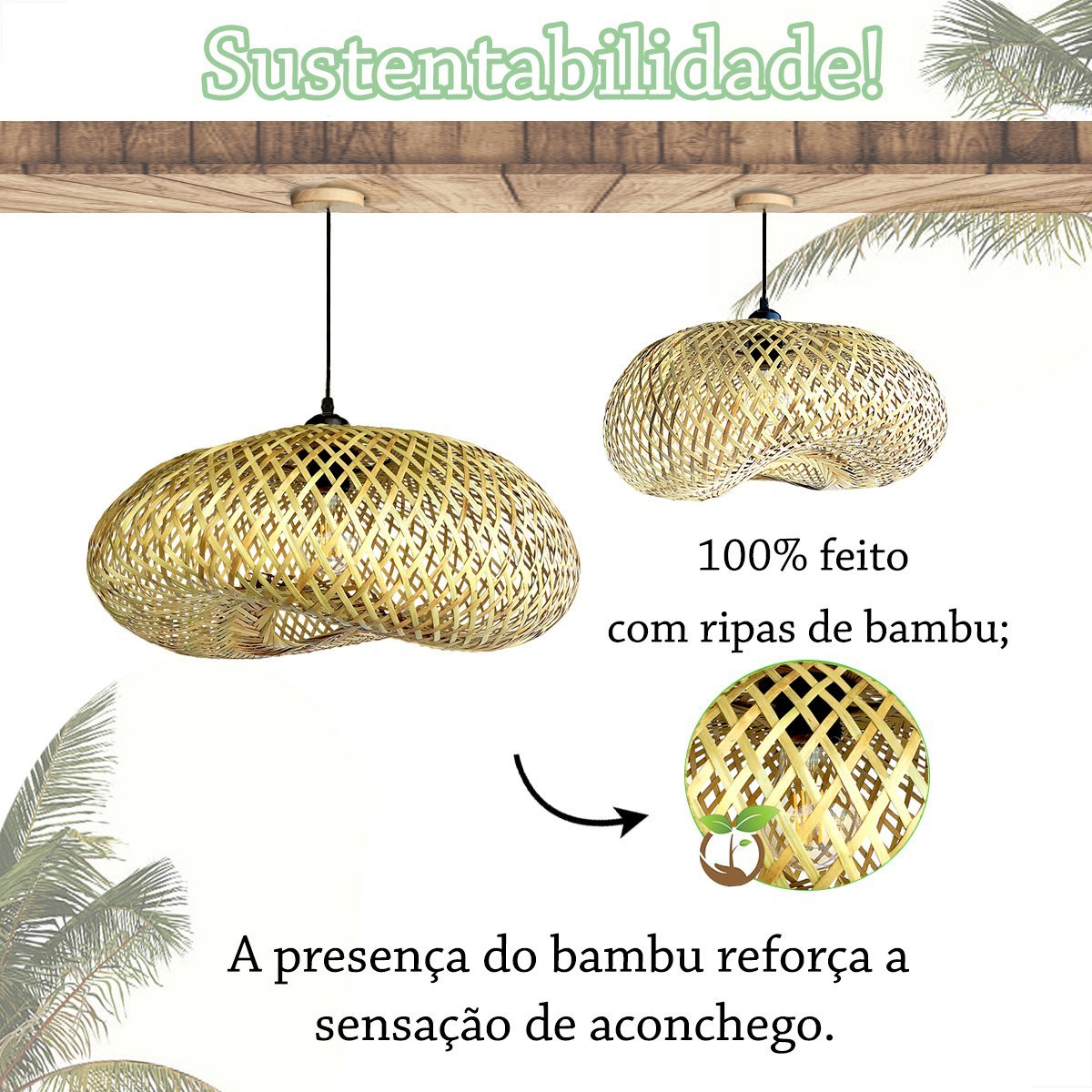 Pendente Fibra Natural de Bambu Artesanal E27 50 Cm Nat30 - 4