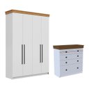 Ver imagem 2 de Conjunto Cômoda e Roupeiro England em MDF 4 Gavetas 4 Portas Branco/Freijó