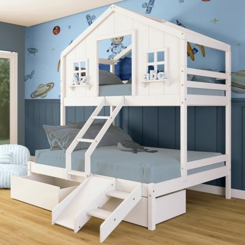 Beliche Casal/ Solteiro Casinha Dos Sonhos com 02 Gavetas Kit Escada/ Escorregador Madeira Maciça