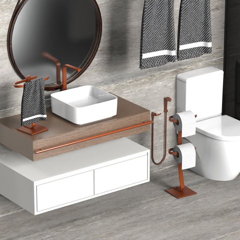 Porta Papel Higiênico de Chão e Toalha Lavabo Rose Gold.d