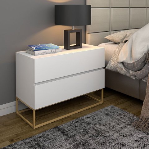 Mesa de Cabeceira para Quarto de Casal Eros 60cm 2 Gavetas Modernas Pé Estilo Industrial Dourado