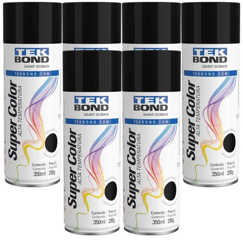 Kit 6 Tekspray Tinta Super Color Alta Temperatura Preto Brilhante 350ml - Tekbond