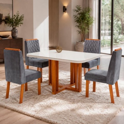 Sala de Jantar Paola Tampo em MDF Off-White Cadeiras Cinza 120cm Bom Pastor Móveis