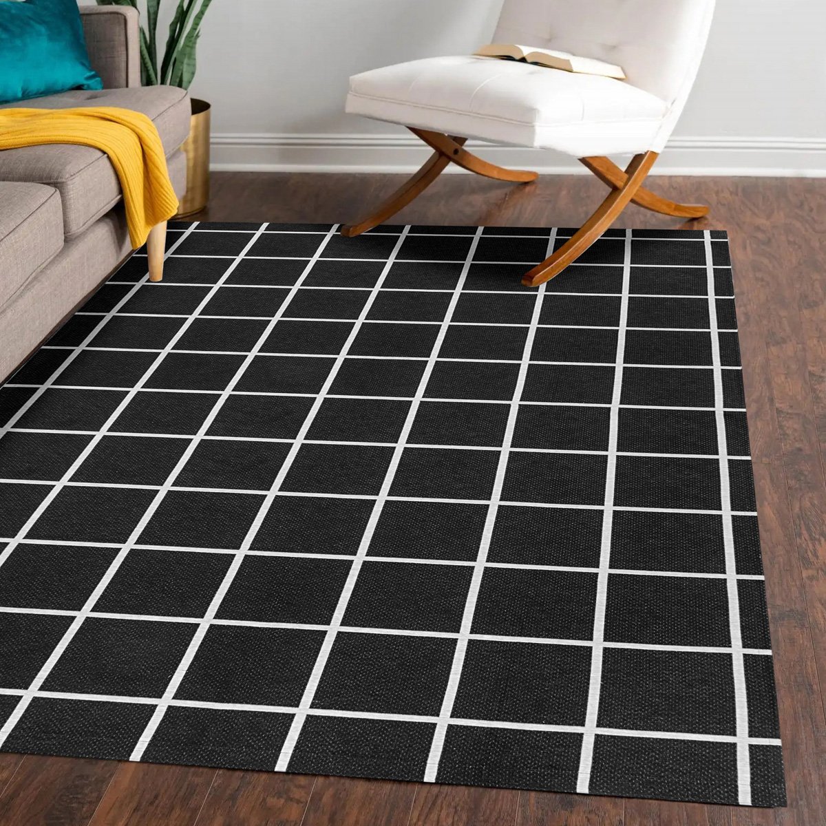 Tapete Jacquard Sala Quarto Látex 1,35 M X 2,00 M Pequeno Emborrachado Antiderrapante Grid Preto