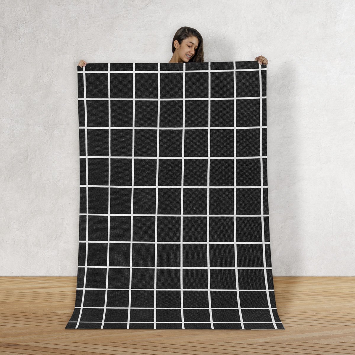 Tapete Jacquard Sala Quarto Látex 1,35 M X 2,00 M Pequeno Emborrachado Antiderrapante Grid Preto - 2