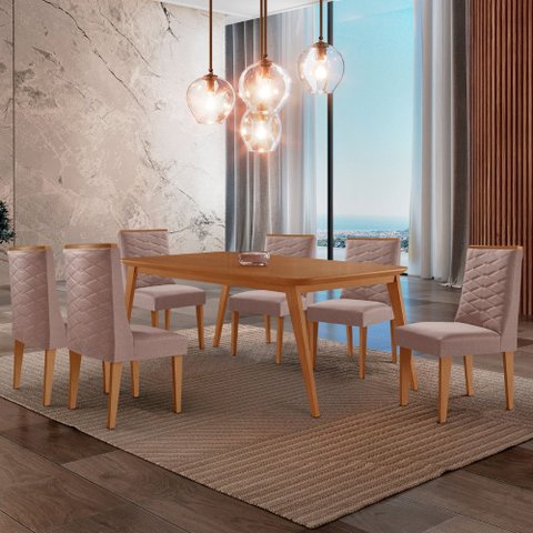 Mesa de Jantar Copper 180cm Tampo Canto Mdf com 6 Cadeiras Safira Moderna Mobília