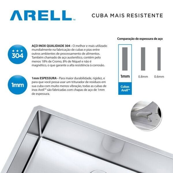 Cuba de cozinha de aço inox 1mm escovado F201 58x45x18,5cm - 6