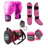Kit Muay Thai Feminino Fheras Luva Caneleira Bolsa Bucal Bandagem 10oz Rosa Completo - 1