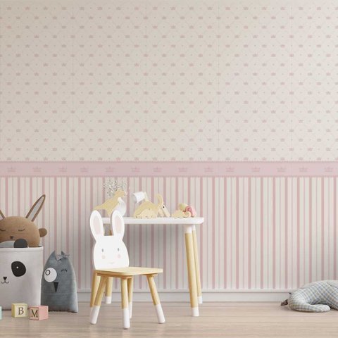 Papel de Parede Coroas com Barrado Listrado em Rosa Gh Papel de Parede 3,5m