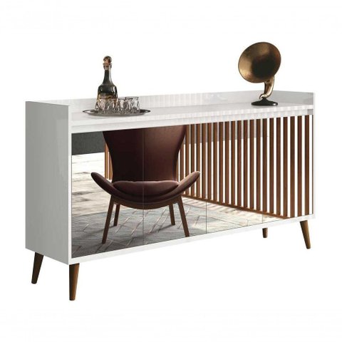 Balcao Buffet Retrô com Espelho Delta 4 Portas Branco Gloss - Moveisaqui