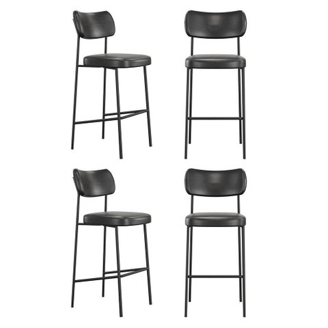 Kit 04 Banquetas Altas para Cozinha Lila Estofada com Encosto Couríssimo Preto - Desk Design
