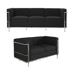 Kit 1 Sofá de 3 Lugares e 1 Sofá de 2 Lugares Le Corbusier Couro Ecológico Preto - 1