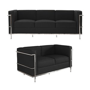 Kit 1 Sofá de 3 Lugares e 1 Sofá de 2 Lugares Le Corbusier Couro Ecológico Preto