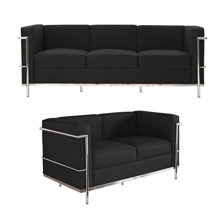 Kit 1 Sofá de 3 Lugares e 1 Sofá de 2 Lugares Le Corbusier Couro Ecológico Preto