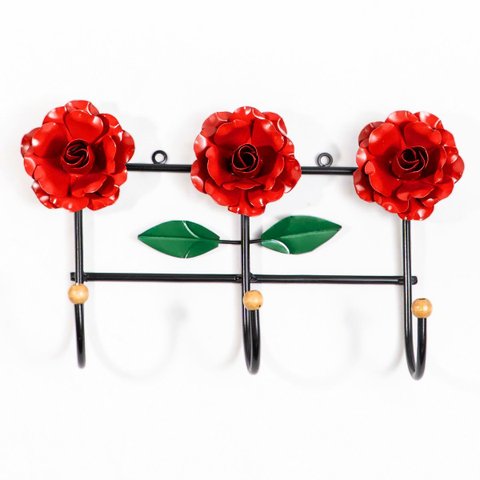 Cabideiro de Parede Suporte Artesanal 3 Ganchos Flor Vermelha