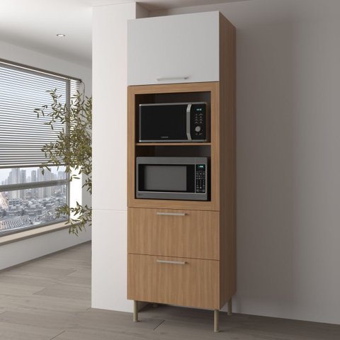Armário Torre Quente para Cozinha 80cm Nicho Forno Micro Freijó Branco Cz3142